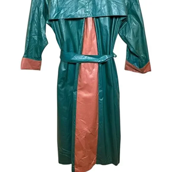 Vintage Jo Fox Boston Teal and Peach Shimmer Belted Trench Rain Coat Size Medium - Picture 6 of 8